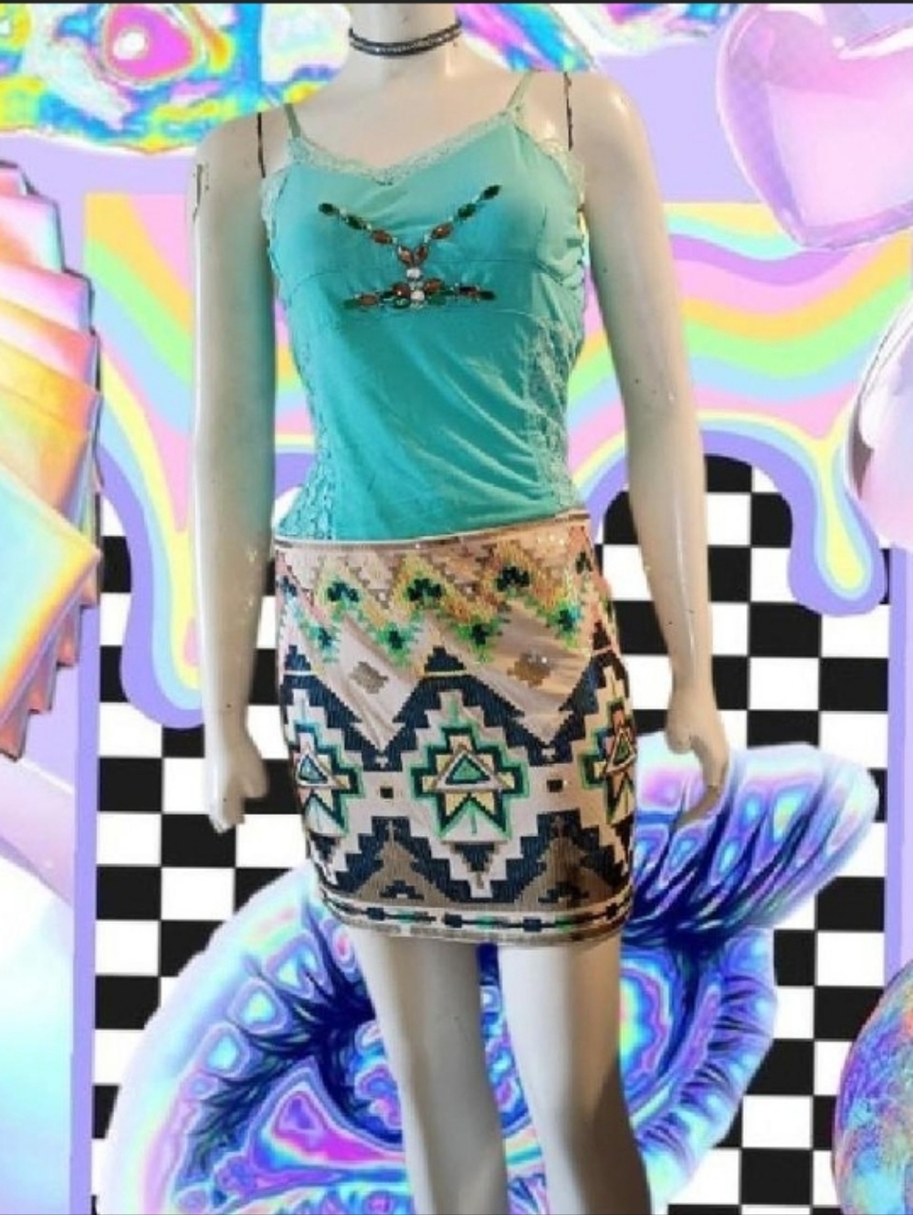 2010's Express Cream & Iridescent Multi Colored Geometric Sequin Mini Skirt